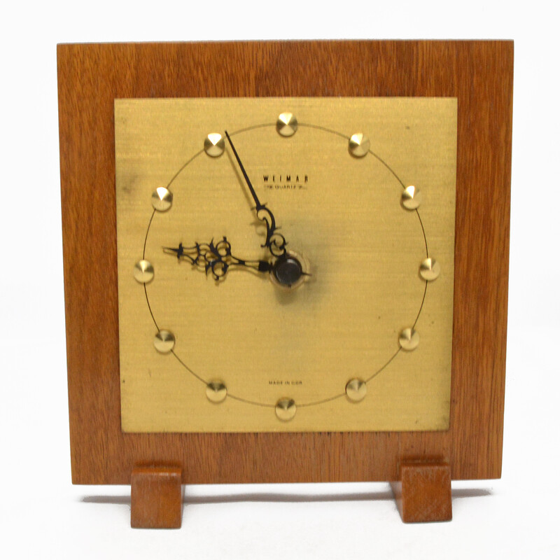 Vintage brass and teak mantel clock for Weimar, Germany 1970s