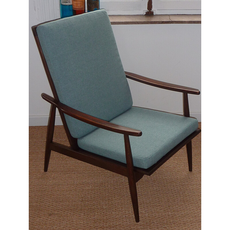 Scandinavian green armchair in beech and flannel - 1950s