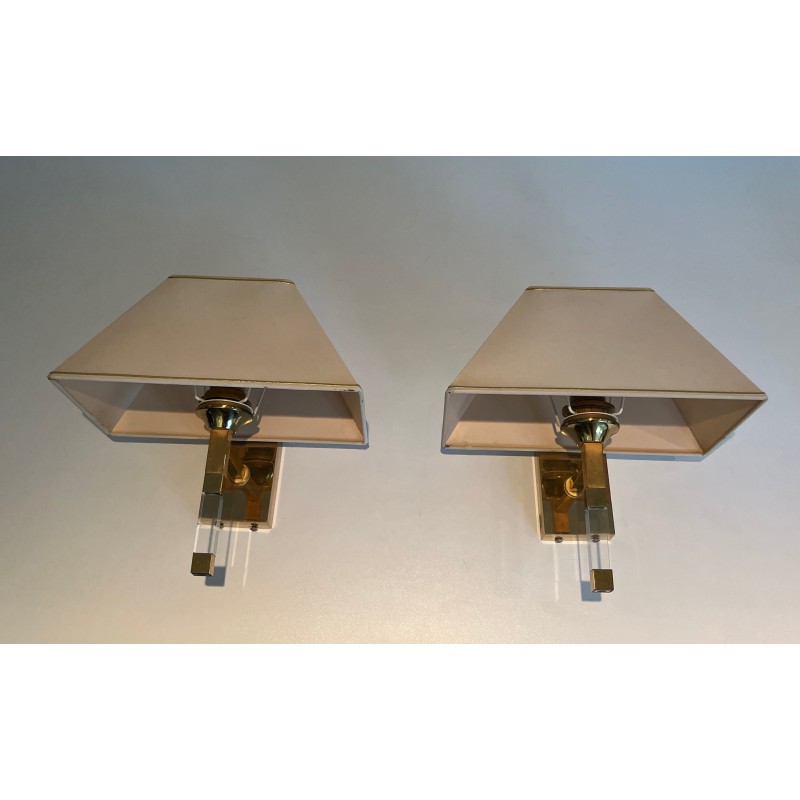 Pair of vintage wall lamps in plexiglass and gilded metal, France 1970