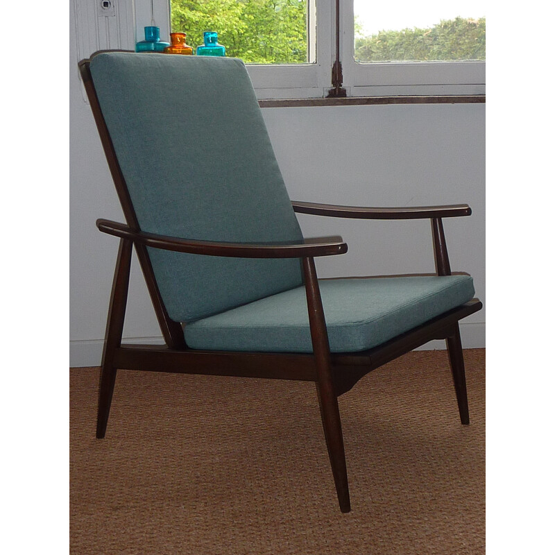 Scandinavian green armchair in beech and flannel - 1950s