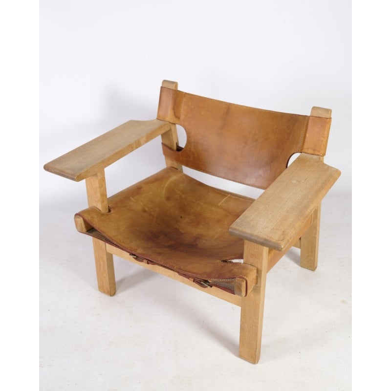 Vintage Spanish armchair model Bm2226 in oak wood and patinated leather by Børge Mogensen, 1958
