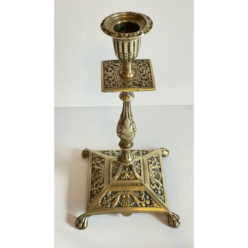 Pair of vintage lion pate candlesticks in solid brass