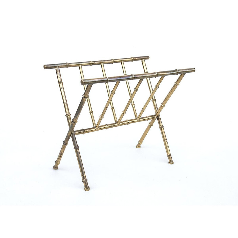 Mid-century Danish brass and bamboo magazine rack, 1960-1970s