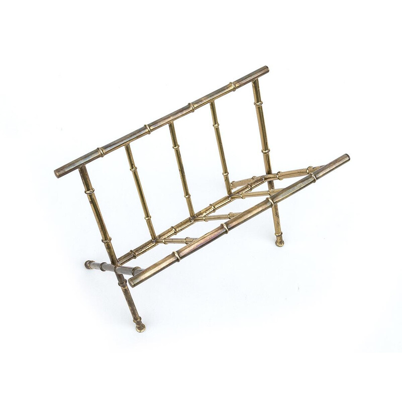 Mid-century Danish brass and bamboo magazine rack, 1960-1970s