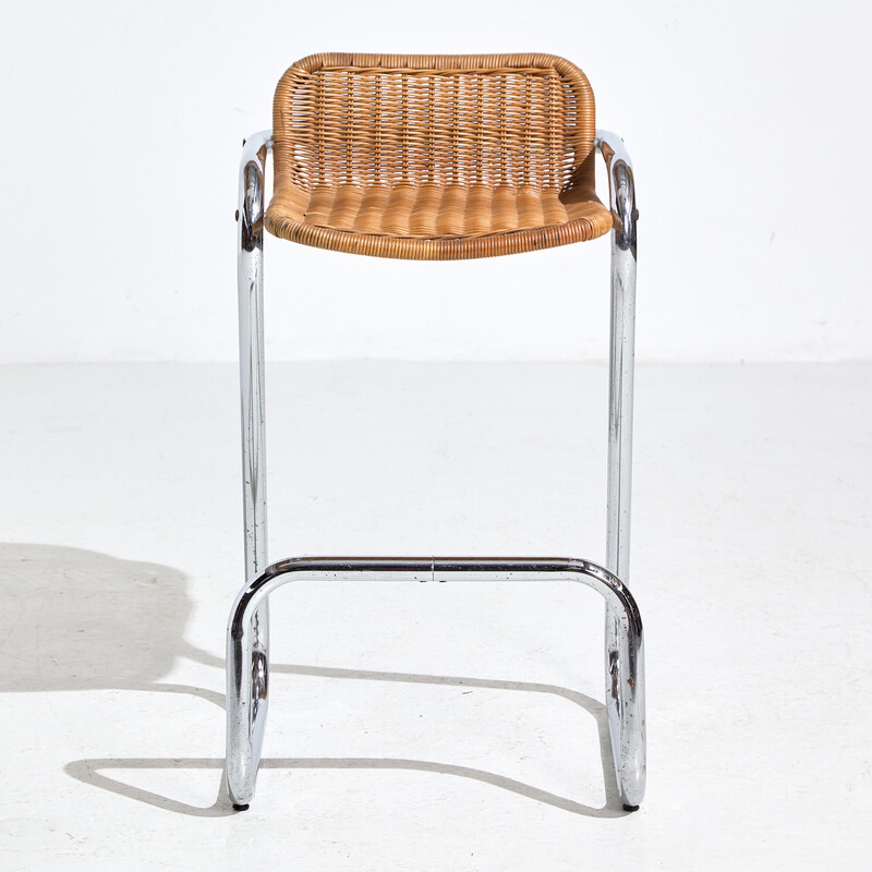 Vintage tube and wicker bar stool, Italy 1970s