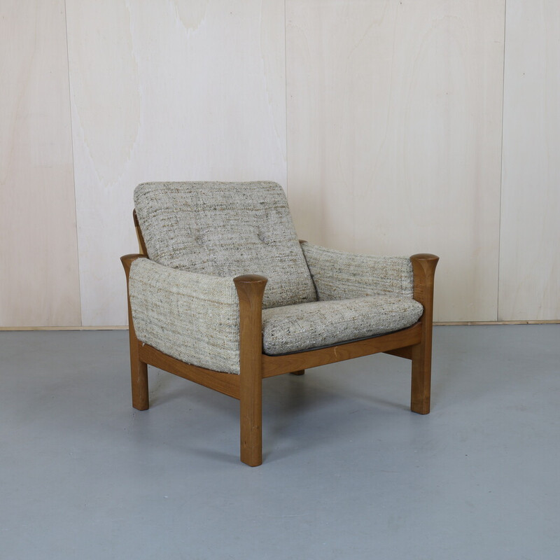 Paar vintage bouclé en teakhouten lounge stoelen van Arne Vodder voor Cado, Denemarken 1970