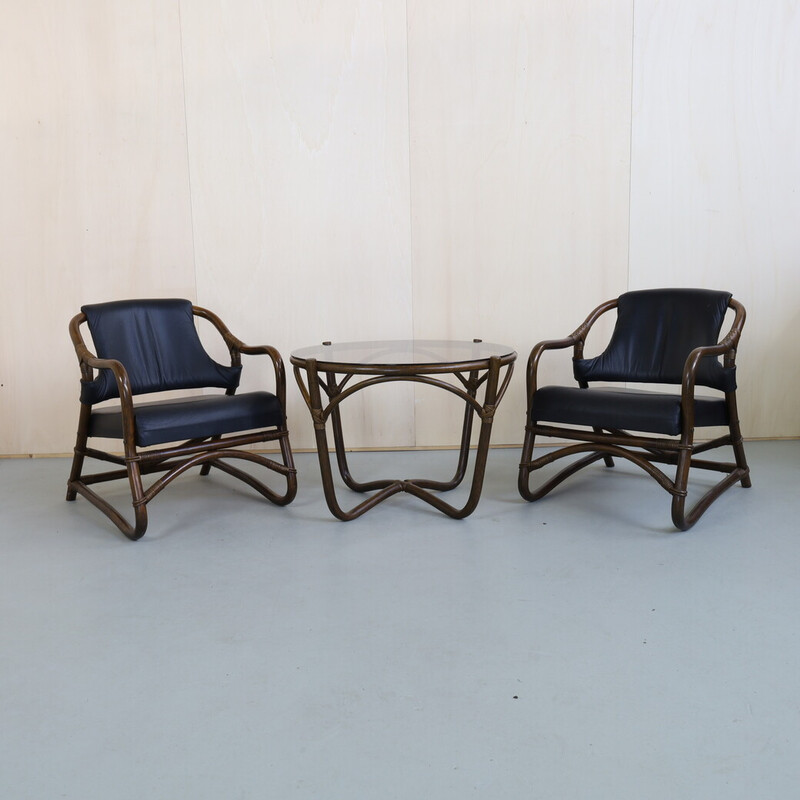 Vintage living room set in bamboo and leather