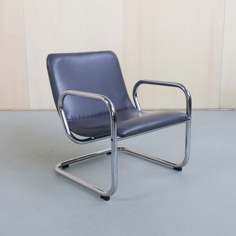 Vintage leather lounge chair with tubular structure