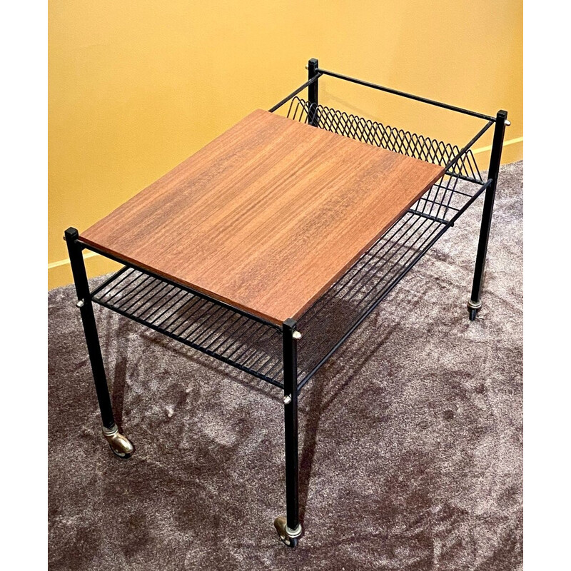 Vintage houten salontafel met wielen, Frankrijk 1960