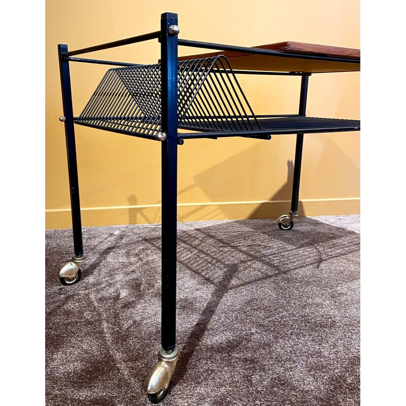 Vintage wooden coffee table with wheels, France 1960