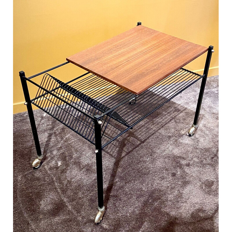 Mesa de centro vintage de madera con ruedas, Francia 1960