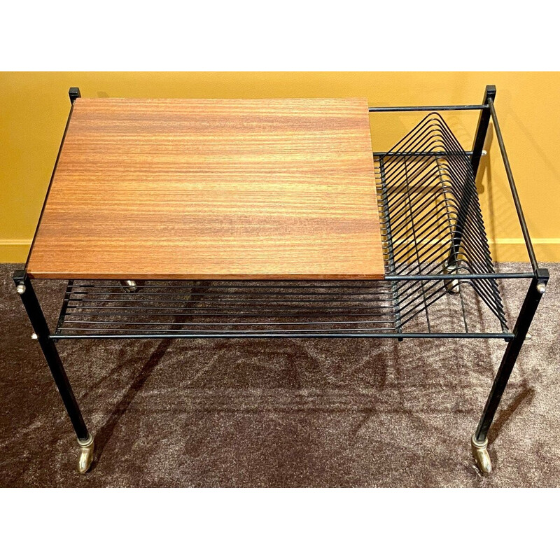 Vintage wooden coffee table with wheels, France 1960