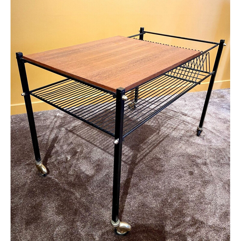 Mesa de centro vintage de madera con ruedas, Francia 1960