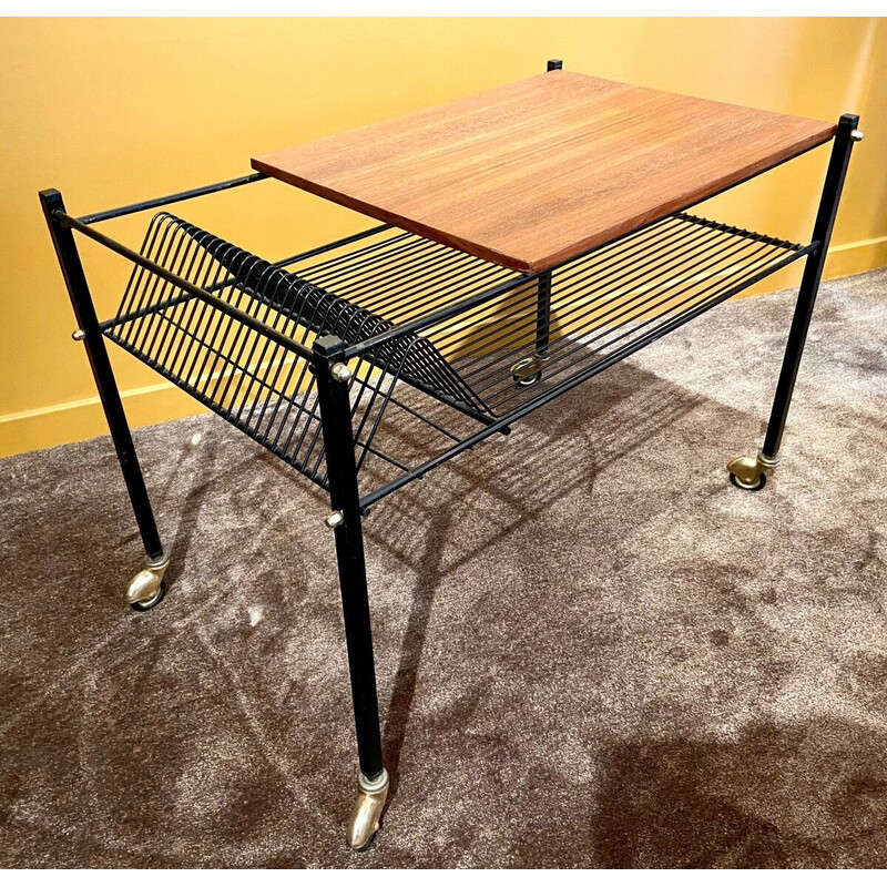 Mesa de centro vintage de madera con ruedas, Francia 1960