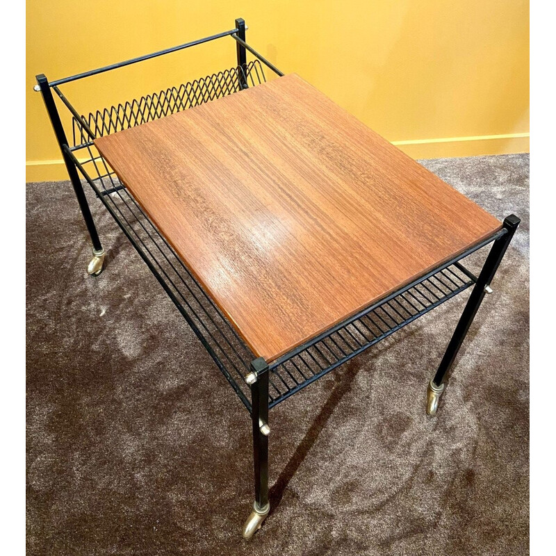 Mesa de centro vintage de madera con ruedas, Francia 1960