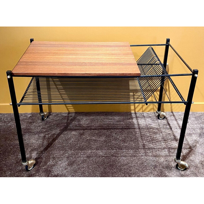 Vintage wooden coffee table with wheels, France 1960