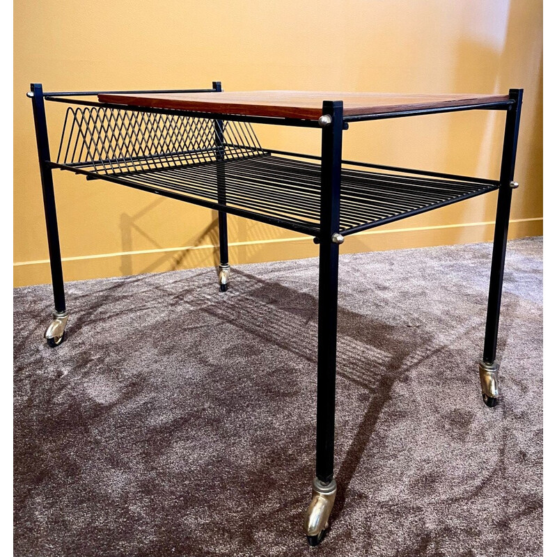 Vintage wooden coffee table with wheels, France 1960