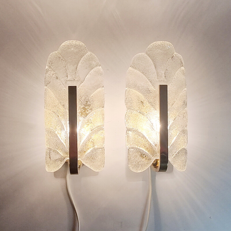 Pair of vintage Scandinavian glass and brass leaf wall lamps by Carl Fagerlund, 1960s