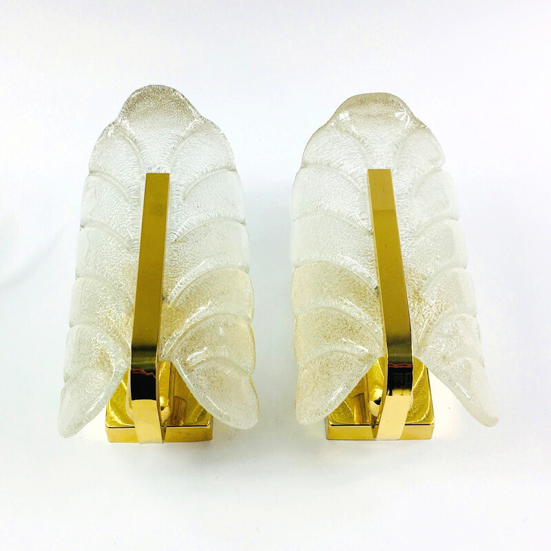Pair of vintage Scandinavian glass and brass leaf wall lamps by Carl Fagerlund, 1960s