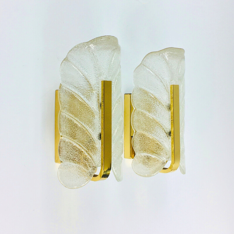 Pair of vintage Scandinavian glass and brass leaf wall lamps by Carl Fagerlund, 1960s