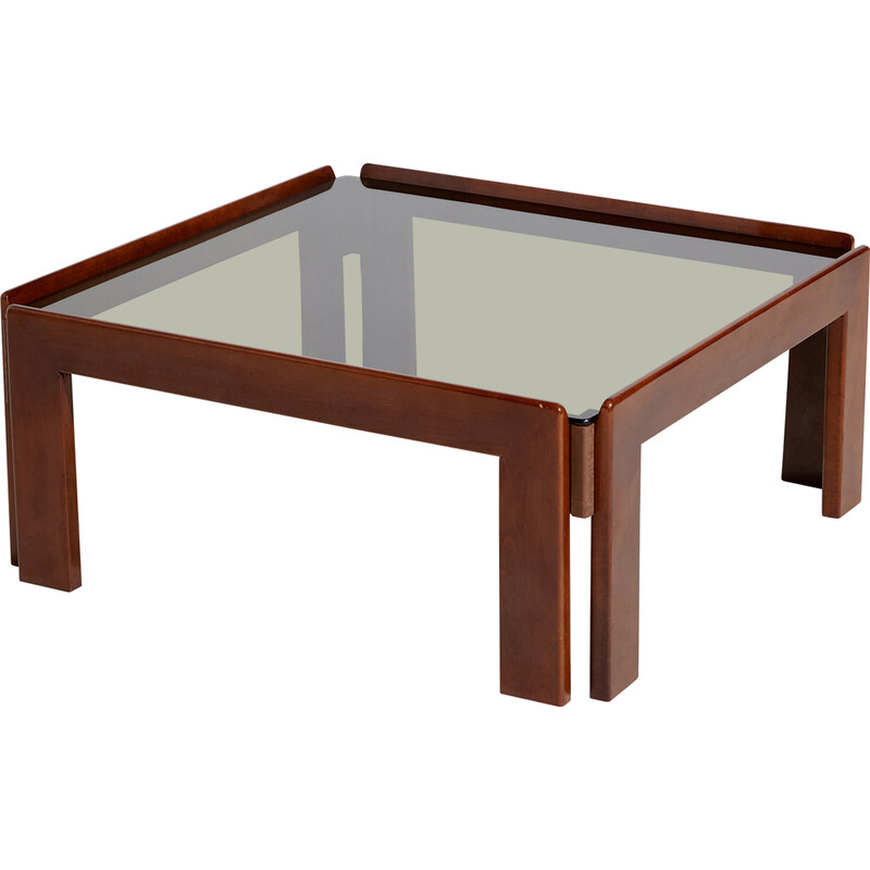Vintage walnut coffee table with smoked glass top by Afra and Tobia Scarpa for Cassina, 1960s