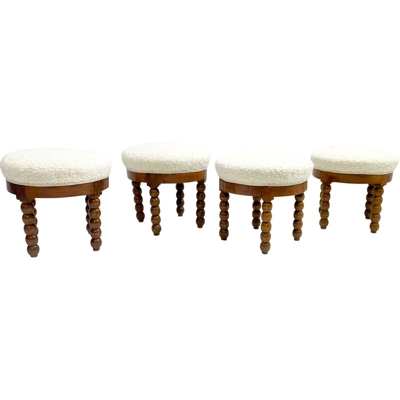 Mid-century stool in oakwood and white boucle fabric, 1970s