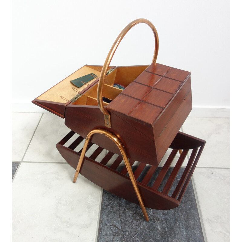 Table à couture portable en bois et laiton - 1950