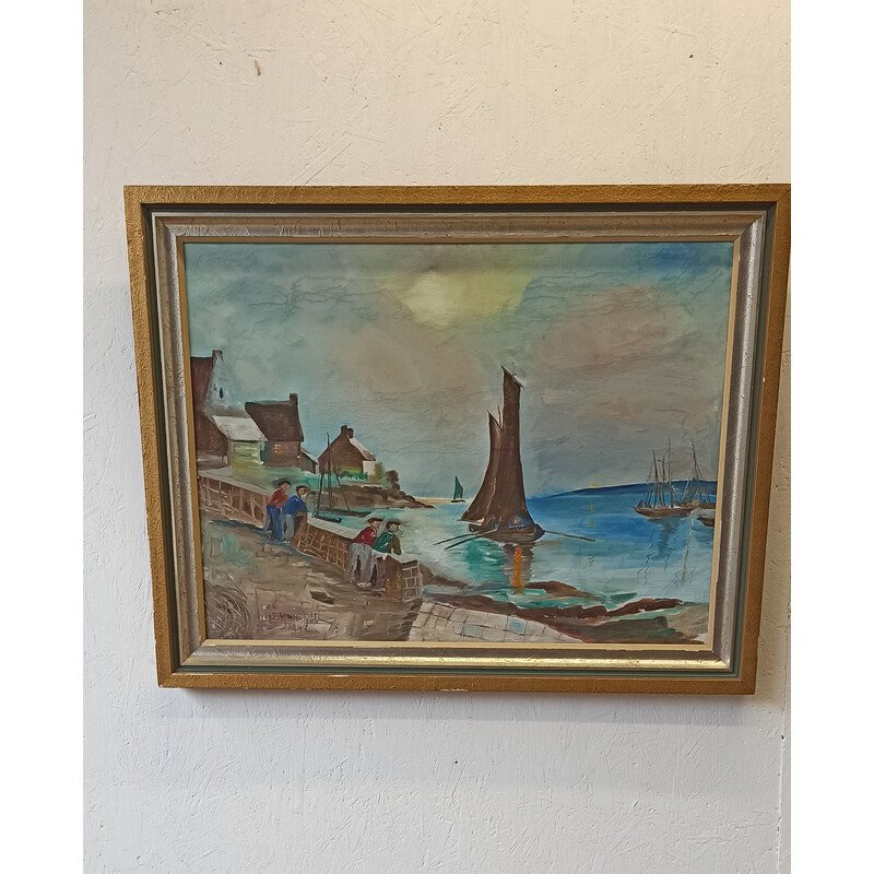 Quadro d'epoca con paesaggio marino