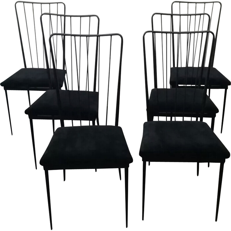 Ensemble de 6 chaises vintage en métal et velours de Colette Gueden, 1950