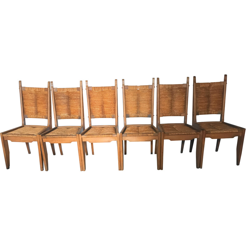 Set di 6 sedie vintage in rovere e paglia di Guillerme e Chambron per Notre Maison, 1950