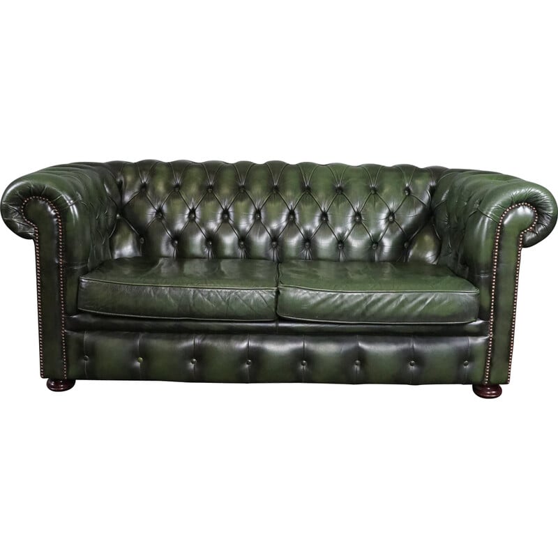 Vintage green sturdy cow leather Chesterfield sofa