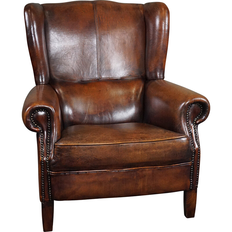 Vintage sheep leather wing armchair