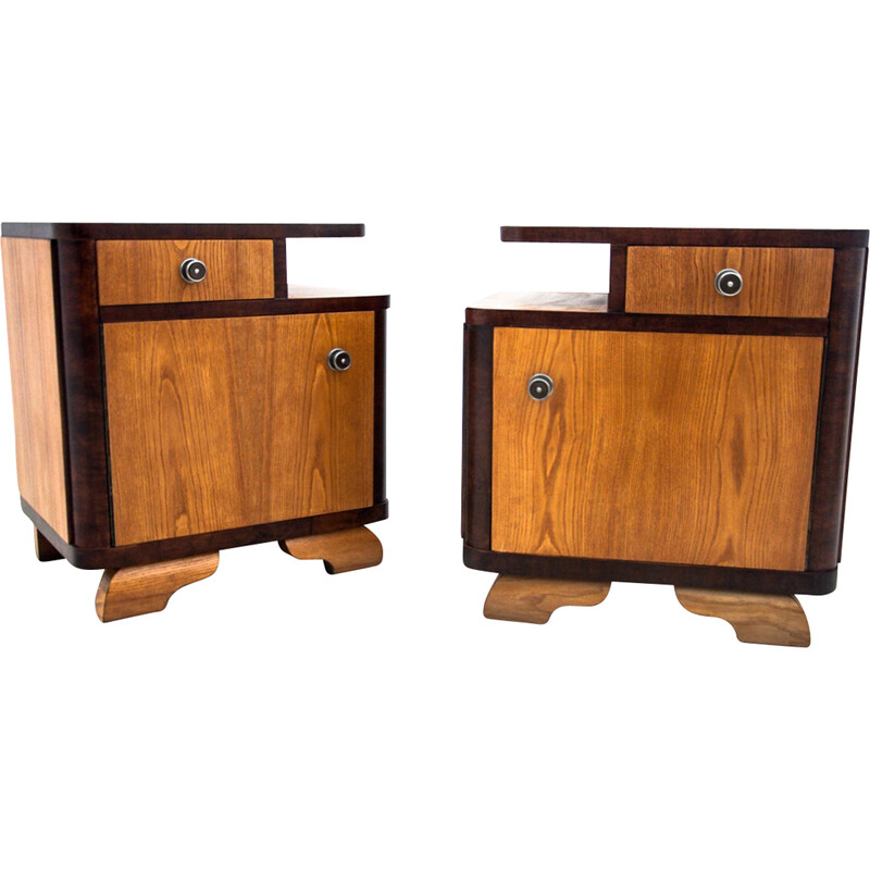 Pair of vintage night stands with lamps, Poland 1950s