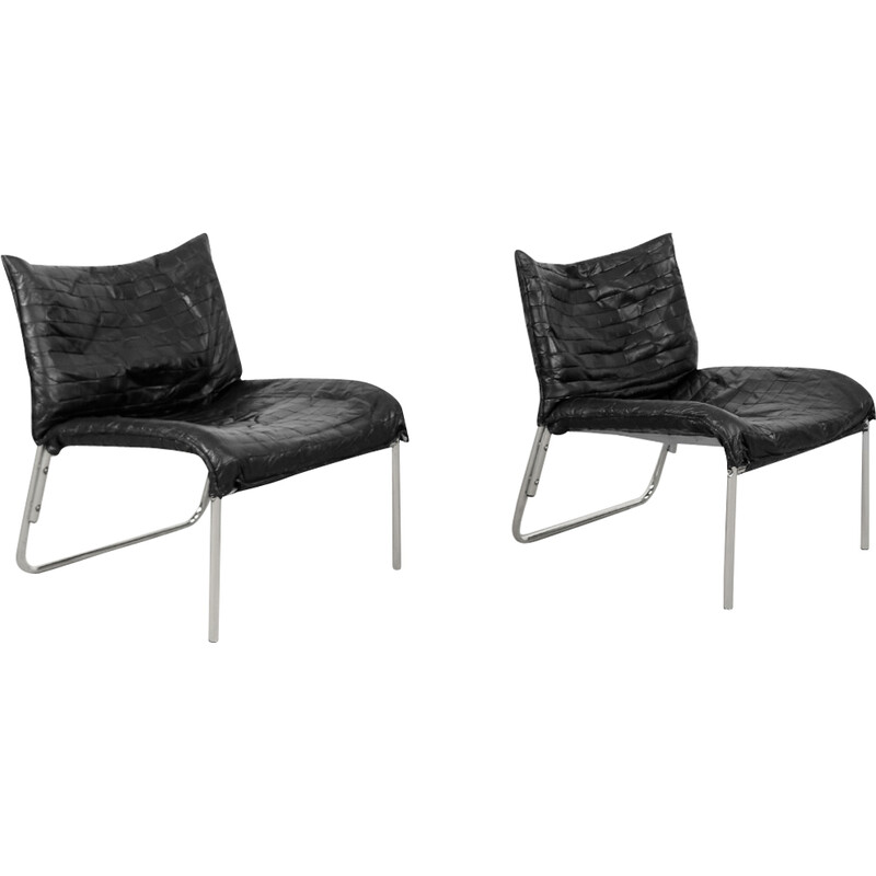 Paire de fauteuils scandinaves vintage en cuir patchwork noir par Ikea, 1980