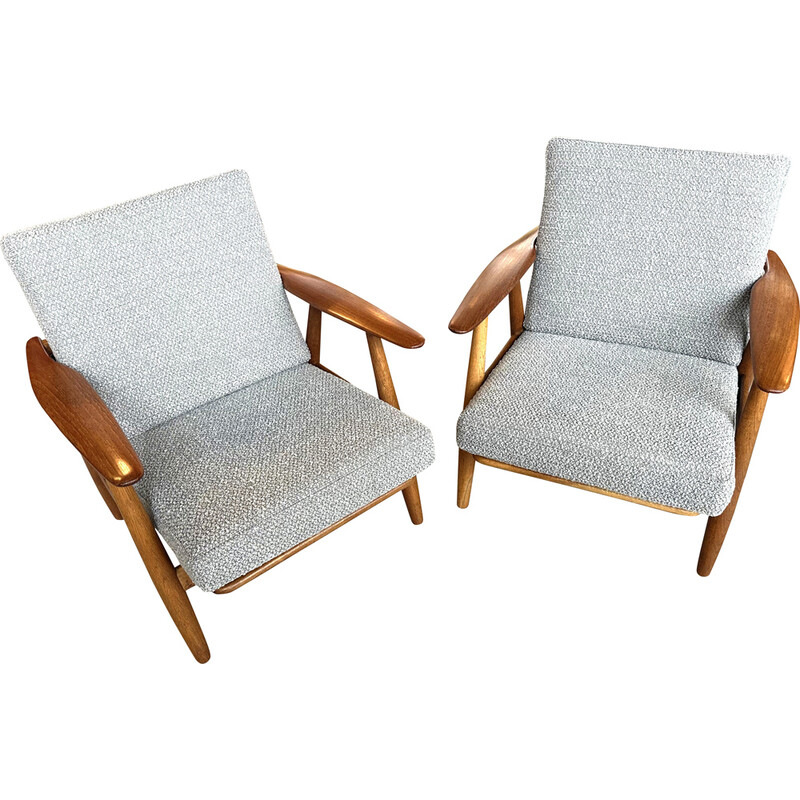 Pair of vintage Ge240 'Cigar' armchairs in oakwood and grey boucle fabric by Hans J Wegner for Getama