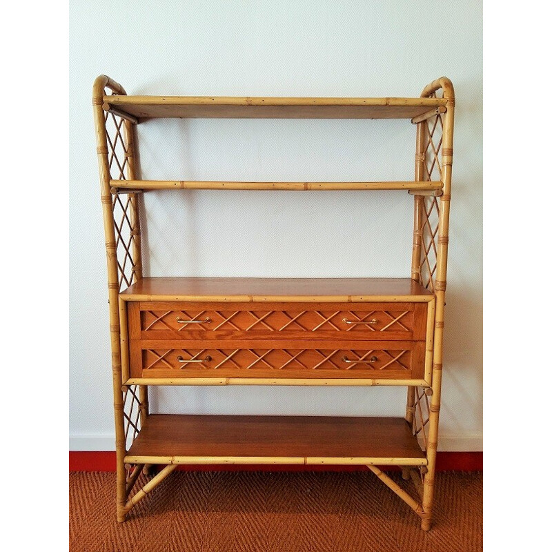 Rattan bookcase with 4 shelves and 2 drawers - 1960s