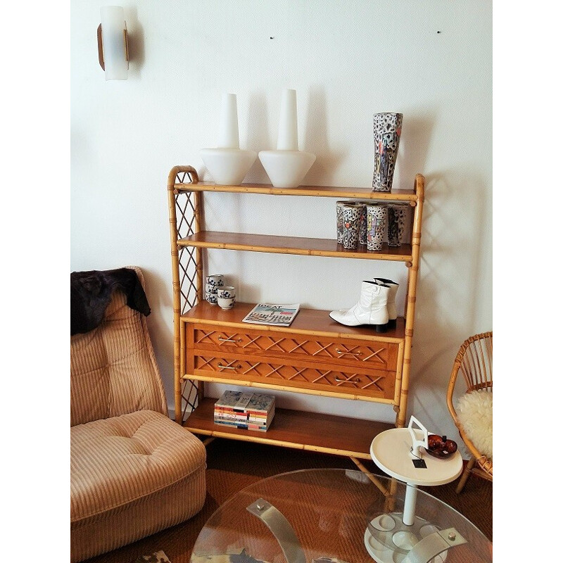 Rattan bookcase with 4 shelves and 2 drawers - 1960s