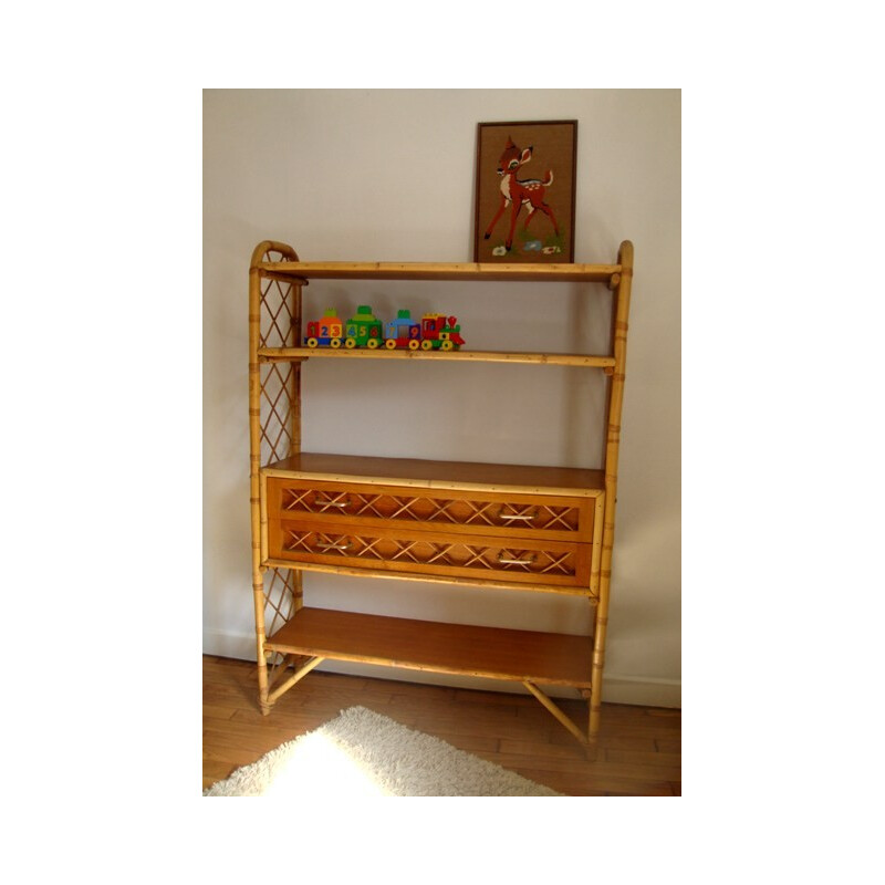 Rattan bookcase with 4 shelves and 2 drawers - 1960s