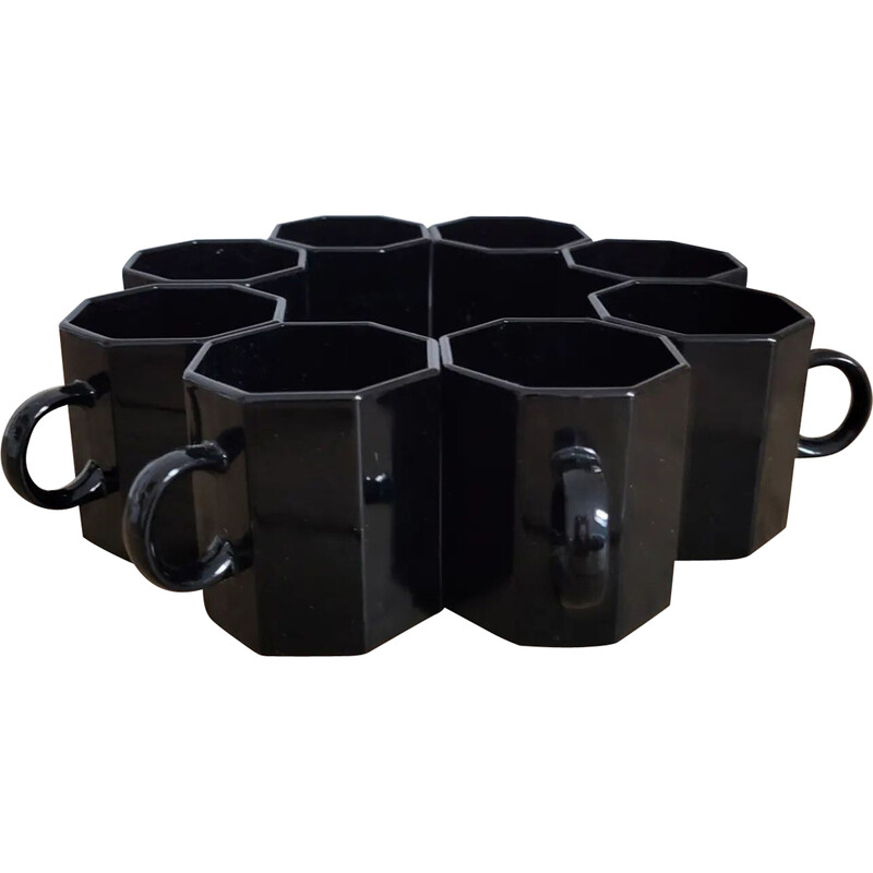 Set van 8 vintage zwarte arcopale koffiekopjes