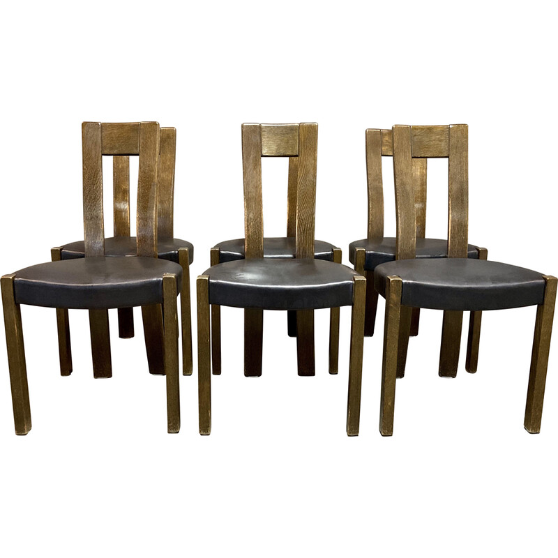 Set of 6 vintage black leather and walnut chairs, 1970