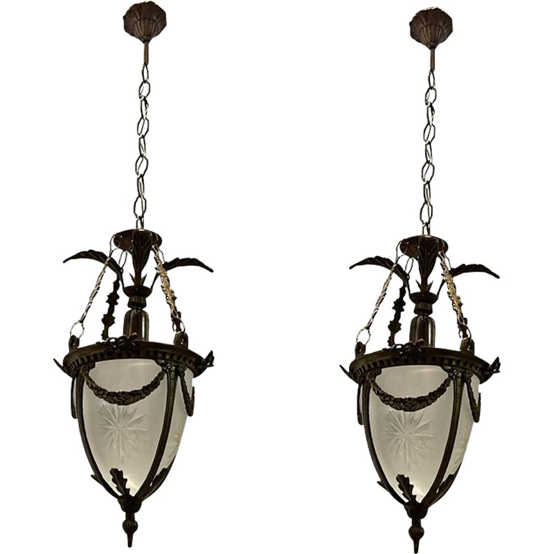 Paar vintage hanglampen van geëtst glas en brons, 1970