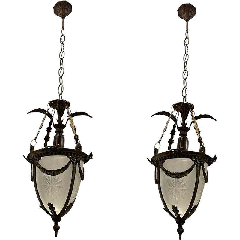 Pair of vintage pendant lamps in etched glass and bronze, 1970s