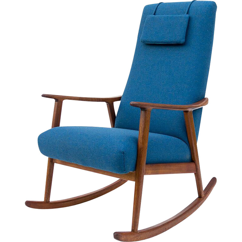 Chaise à bascule scandinave vintage en teck et laine bleue à haut dossier, 1950