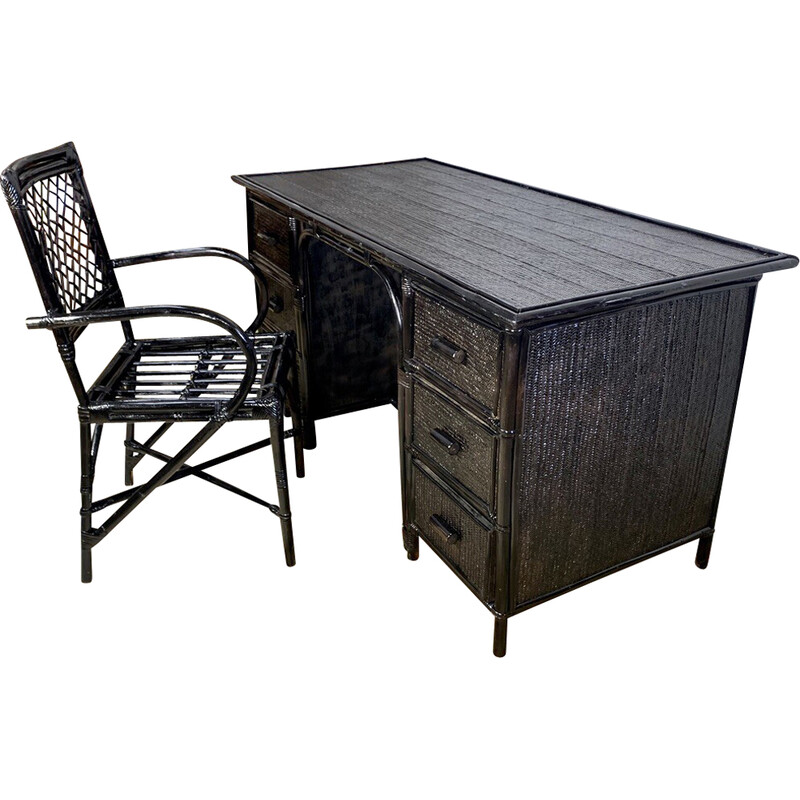 Bureau et fauteuil vintage en bambou et rotin laqué noir, 1960-1970