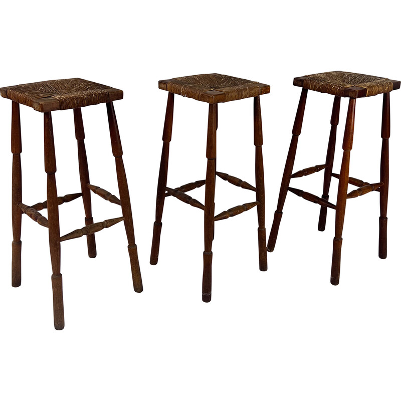 Mid century oakwood and straw bar stools, 1960s