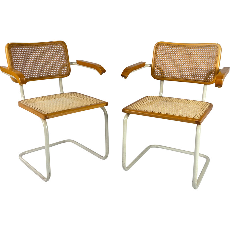 Vintage tubular frame and cane cantilever armchairs, Italy 1970s