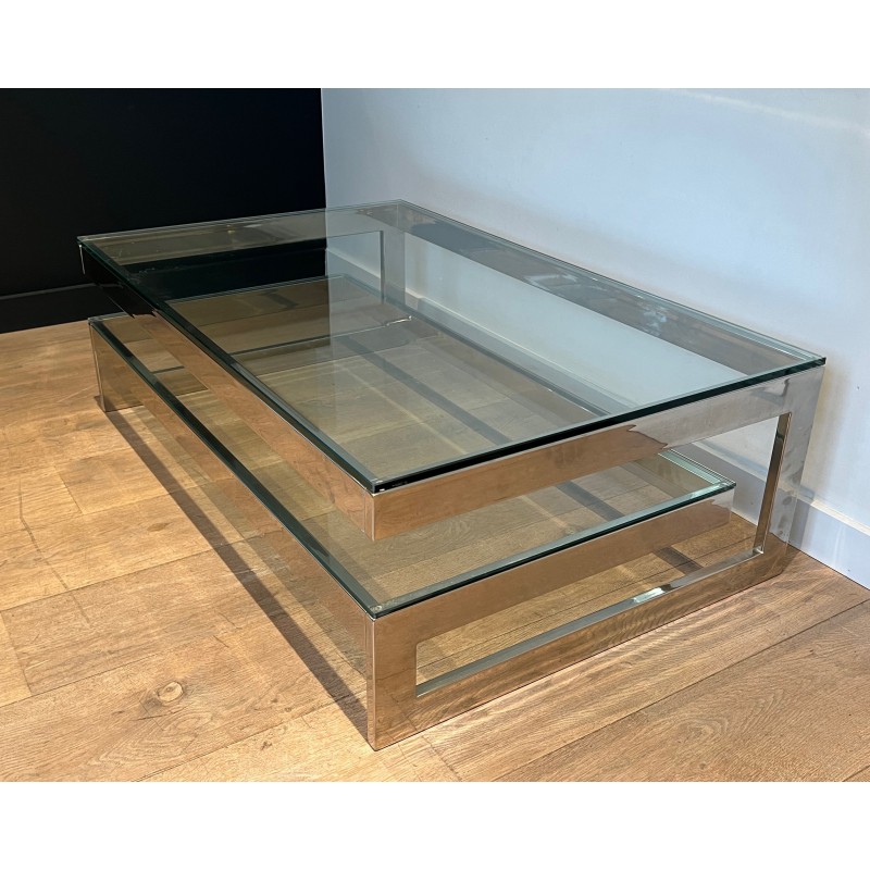 Vintage chrome coffee table with double glass slab, 1970