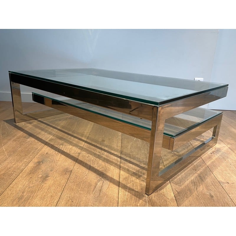 Vintage chrome coffee table with double glass slab, 1970