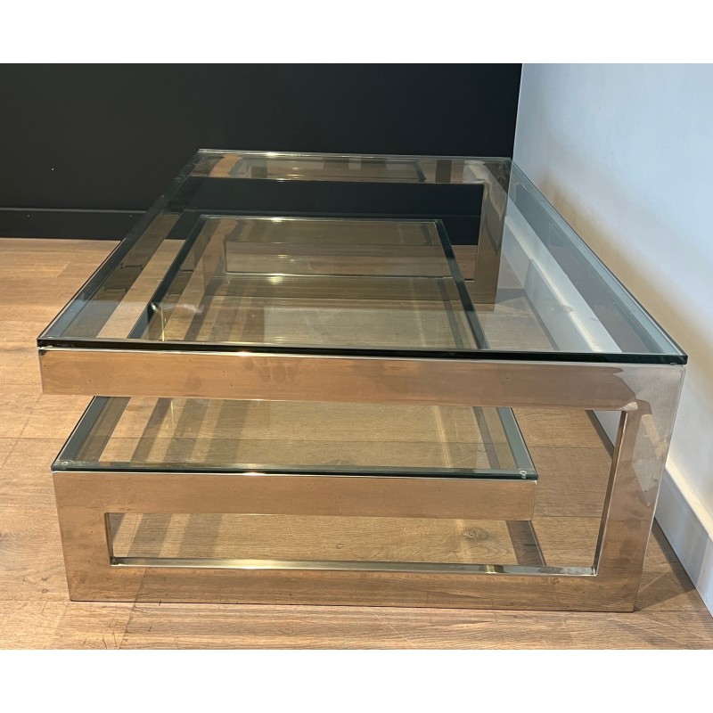 Vintage chrome coffee table with double glass slab, 1970