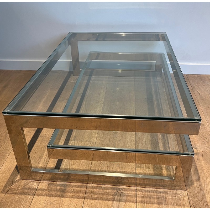 Vintage chrome coffee table with double glass slab, 1970